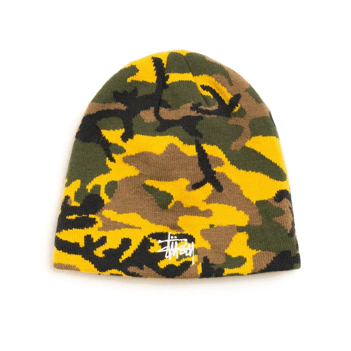 A Stussy camouflage beanie hat featuring a yellow, green, and brown camo pattern with a small white embroidered Stussy logo on the front cuff, set against a plain white background.