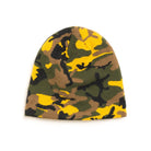 A knit beanie hat featuring a classic woodland camouflage pattern with yellow, green, brown, and black shapes, shown against a plain white background.