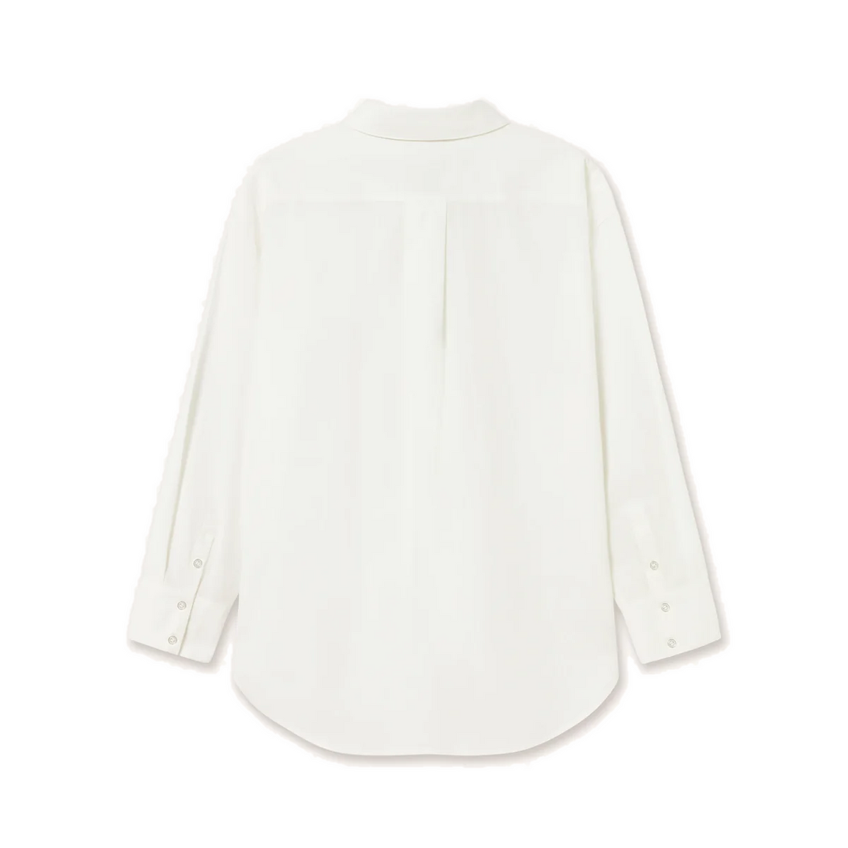 Back view of The Tiny Big Sister Bow Neck Shirt in white, laid flat on white, showing the back yoke and pleat, the buttoned cuffs and the curved hem.