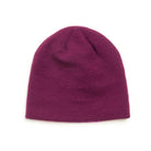 A classic knit beanie hat in a deep plum purple color, photographed flat against a solid white background.