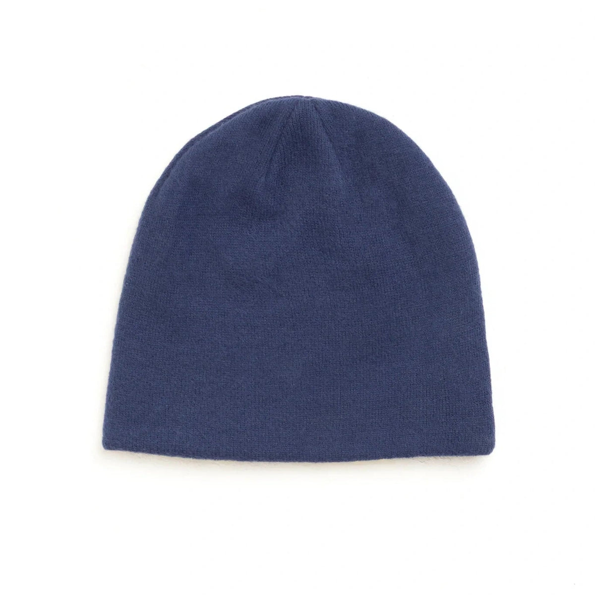 A classic knit beanie hat in solid navy blue, photographed from the front on a clean white background.
