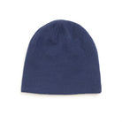 A classic knit beanie hat in solid navy blue, photographed from the front on a clean white background.