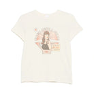 RE/DONE Classic Tee Just A Girl laid flat. A cream crewneck T-shirt with a retro comic graphic of a woman under the words “She’s Just A Girl!”