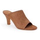 A single women's heeled mule sandal in a warm medium brown faux-cowhide or suede-like material, featuring an open toe and a mid-height block heel, shown on a plain white background.