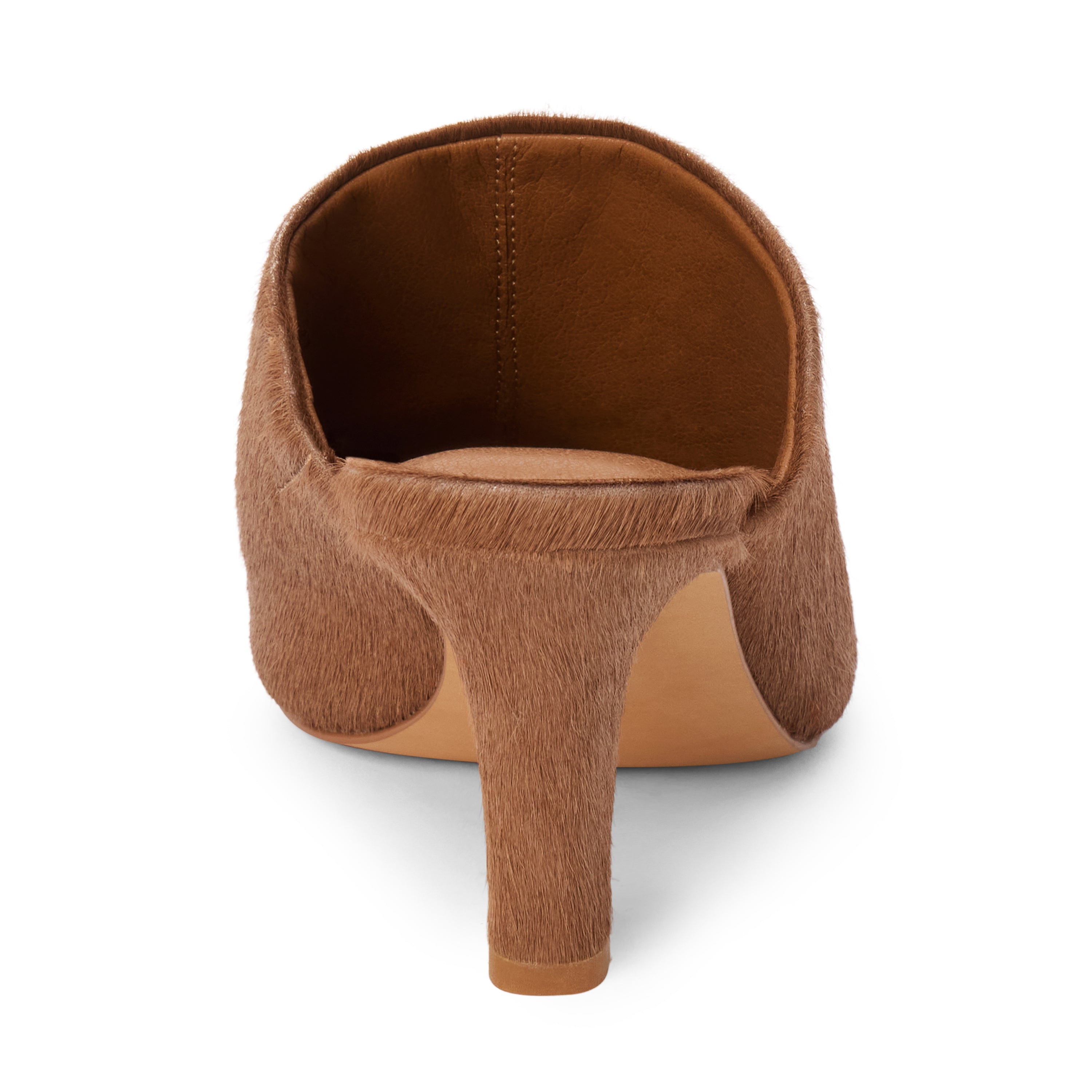 A single brown mule high heel shoe with a textured hair-on-hide finish, shown from a rear three-quarter view on a white background.