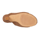 Top-down view of a brown suede slide sandal showing the tan rubber outsole and heel tab on a white background.