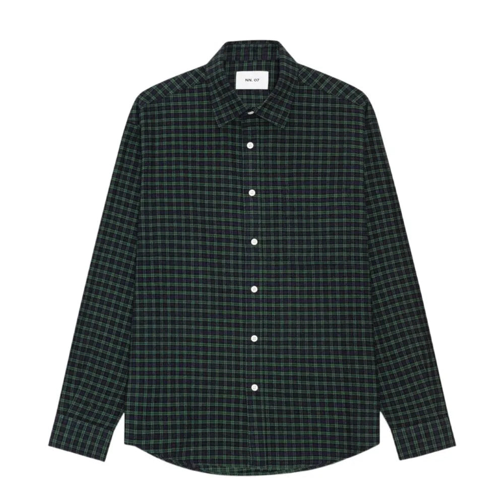 A long-sleeve button-up shirt in a dark green and black plaid pattern, shown flat against a solid white background.