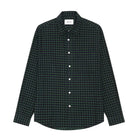 A long-sleeve button-up shirt in a dark green and black plaid pattern, shown flat against a solid white background.
