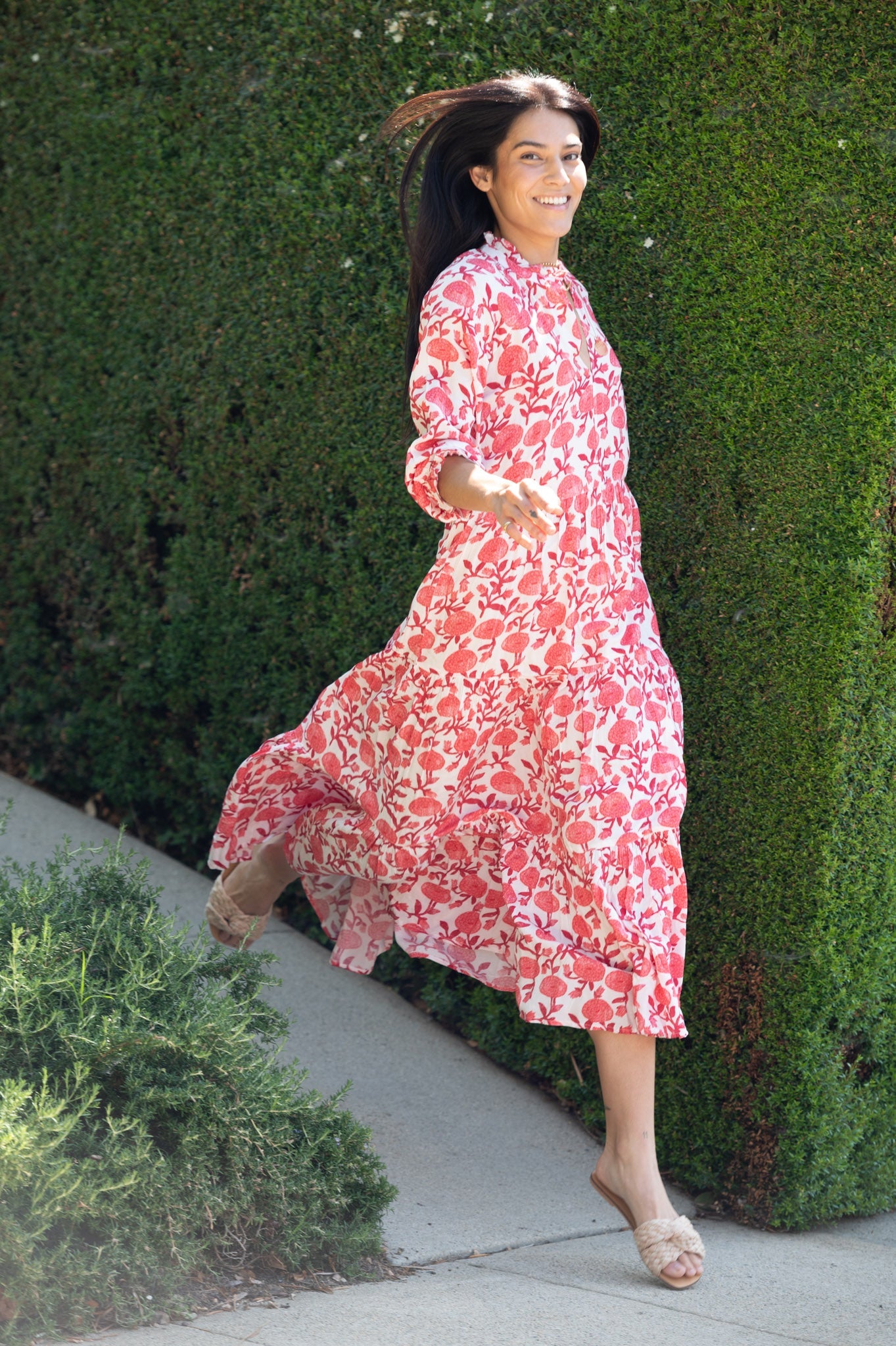 Sienna Maxi dress in Montana print, coral floral pattern, full-length side view