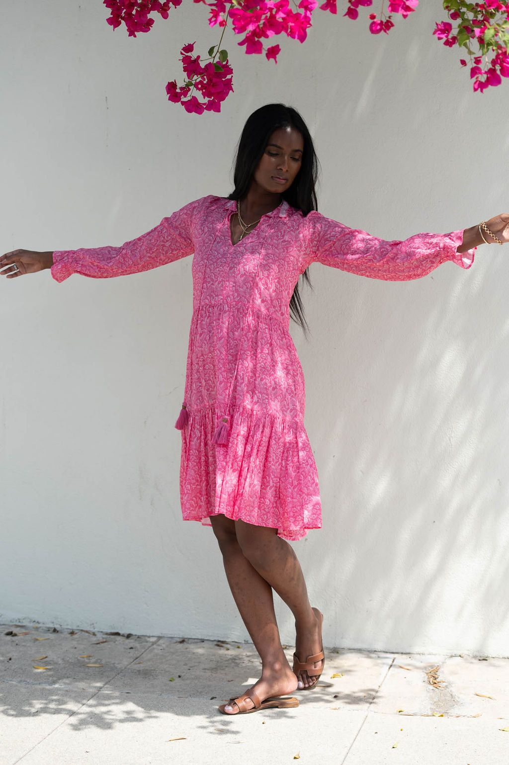 SIENNA MIDI dress in pink Summer Forest print, woman modeling with arms outstretched