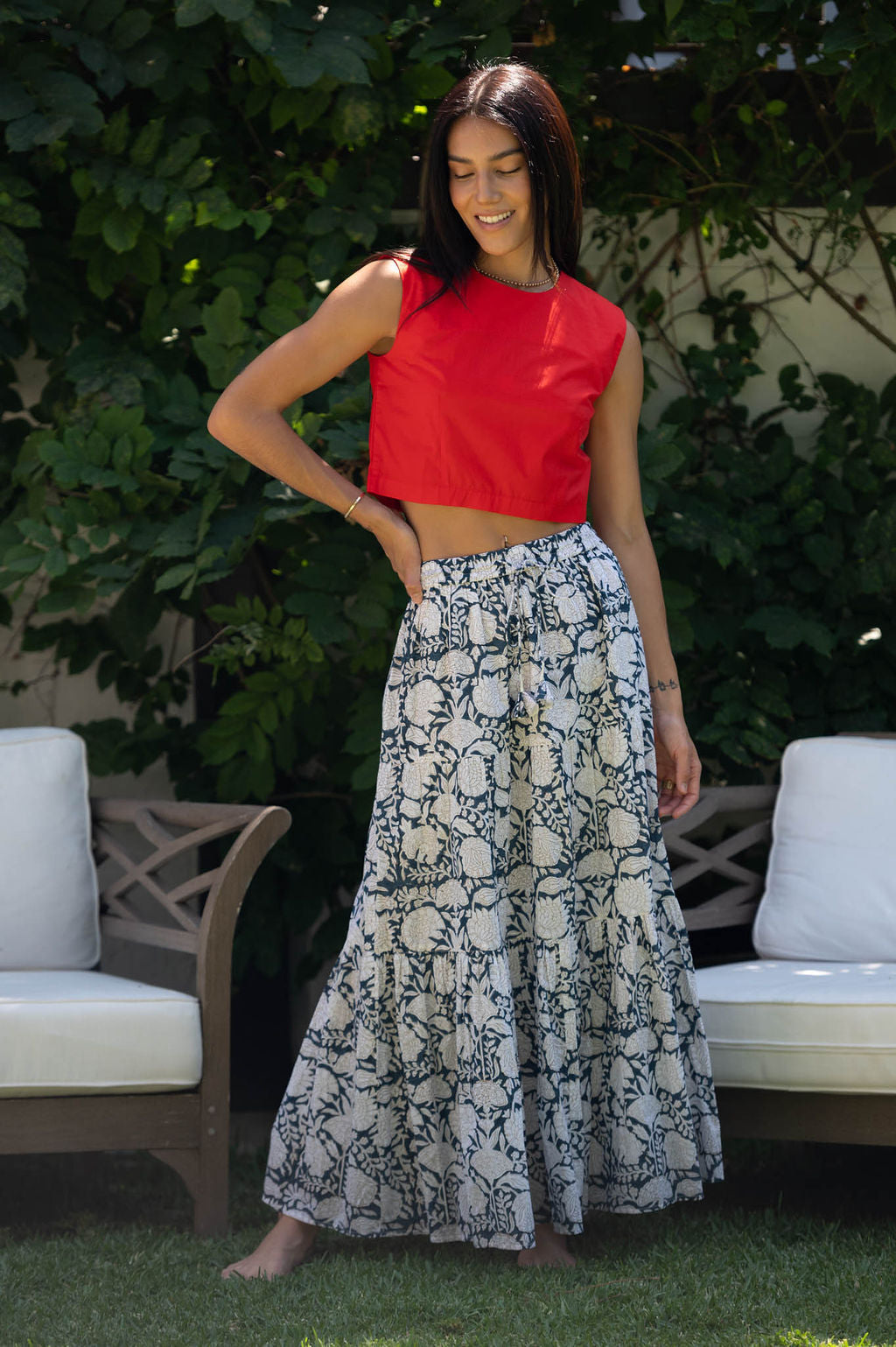 DIAZ TOP RED SOLID POPLIN sleeveless crop top, front view on model