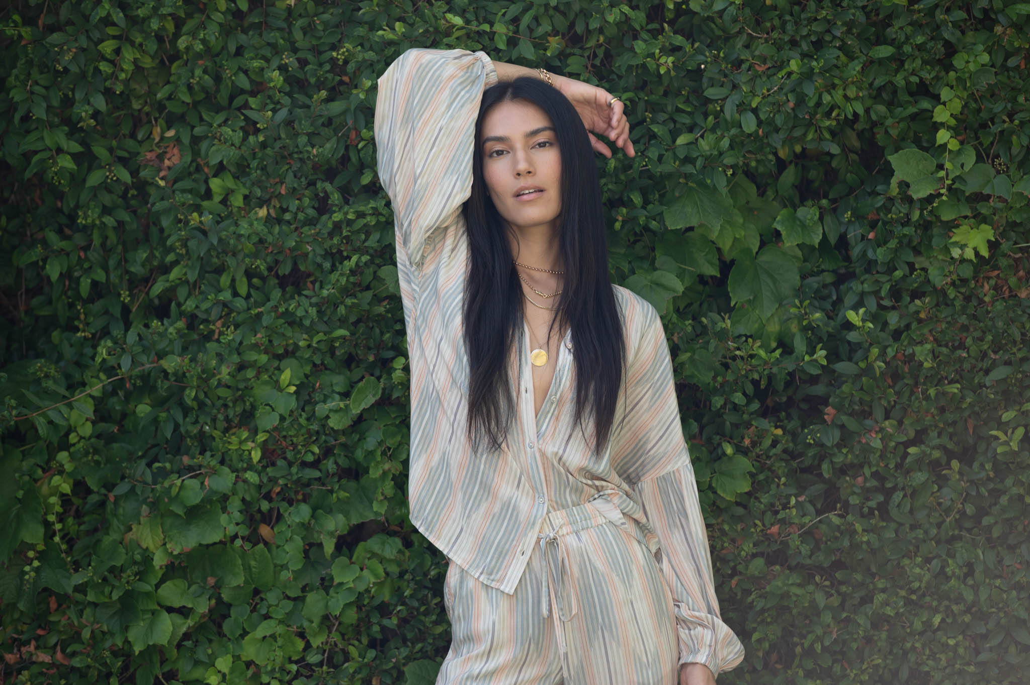 CATHERINE TOP IN DESERT PRINT striped blouse with tie waist, front view