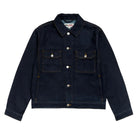 Front view of the Stüssy Trucker Denim jacket in rinsed indigo laid flat. A dark indigo denim jacket with gold contrast stitching, silver buttons and two flap chest pockets.