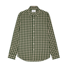 A green and cream check button-up shirt laid flat, with a point collar and white buttons.