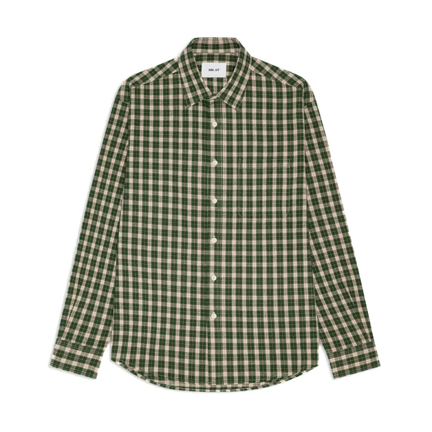 A green and cream check button-up shirt laid flat, with a point collar and white buttons.