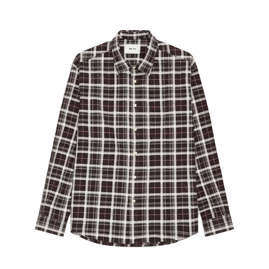 A long-sleeve button-up shirt with a purple, white, and gray plaid pattern, displayed flat against a white background.