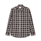 A long-sleeve button-up shirt with a purple, white, and gray plaid pattern, displayed flat against a white background.