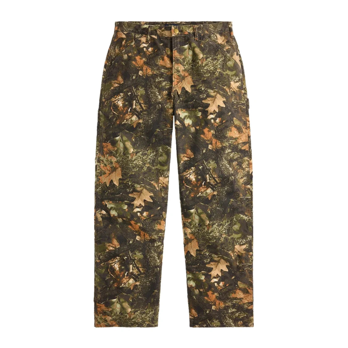 Polo Ralph Lauren Dungaree Fit Forest-Print Pant laid flat. Straight-leg carpenter pants in a realistic forest print of oak leaves and branches in olive, rust and tan.