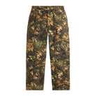 Polo Ralph Lauren Dungaree Fit Forest-Print Pant laid flat. Straight-leg carpenter pants in a realistic forest print of oak leaves and branches in olive, rust and tan.