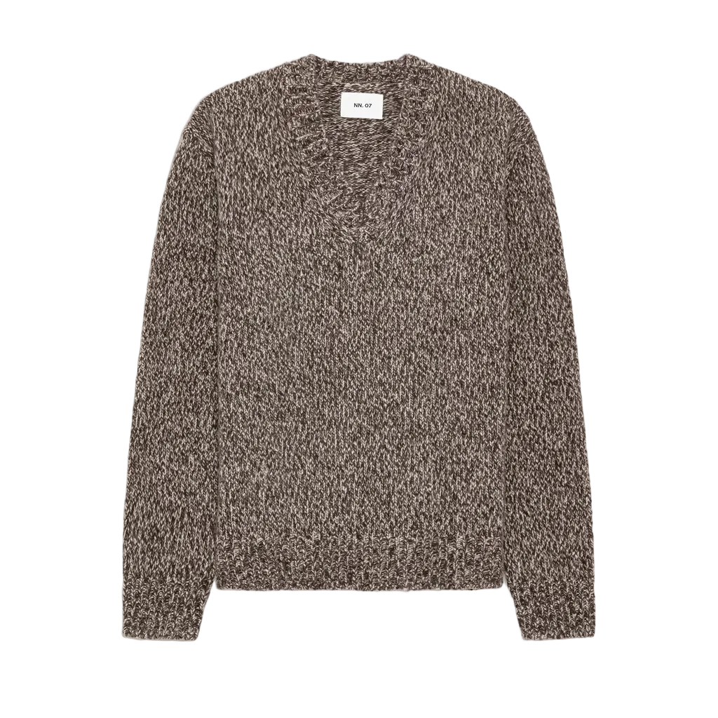 A flat lay of the brown and cream marled V-neck sweater with ribbed cuffs and hem, on a white background.