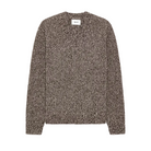 A flat lay of the brown and cream marled V-neck sweater with ribbed cuffs and hem, on a white background.