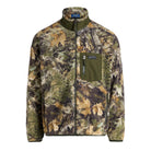 A camouflage fleece jacket with an olive green chest pocket and zipper, shown against a plain white background.