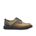 A low-top lace-up shoe with a color-blocked design featuring tan, olive green, and dark gray panels, set against a plain white background.