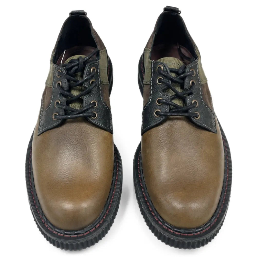 A pair of men's lace-up leather shoes in brown and dark green, shown from a top-down view on a white background.