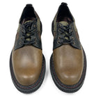 A pair of men's lace-up leather shoes in brown and dark green, shown from a top-down view on a white background.