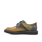 A low-top lace-up shoe with a color-blocked design featuring a tan leather toe, olive green suede panels, dark brown leather sections, and a black sole, shown against a plain white background.