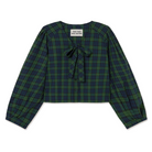 Front view of The Tiny Big Sister Green Check Bow Blouse laid flat on white, showing the green and navy check, V-neck tied with a bow, button front and full balloon sleeves.