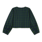 Back view of The Tiny Big Sister Green Check Bow Blouse laid flat on white, showing the gathered shoulders, cropped hem and buttoned cuffs.