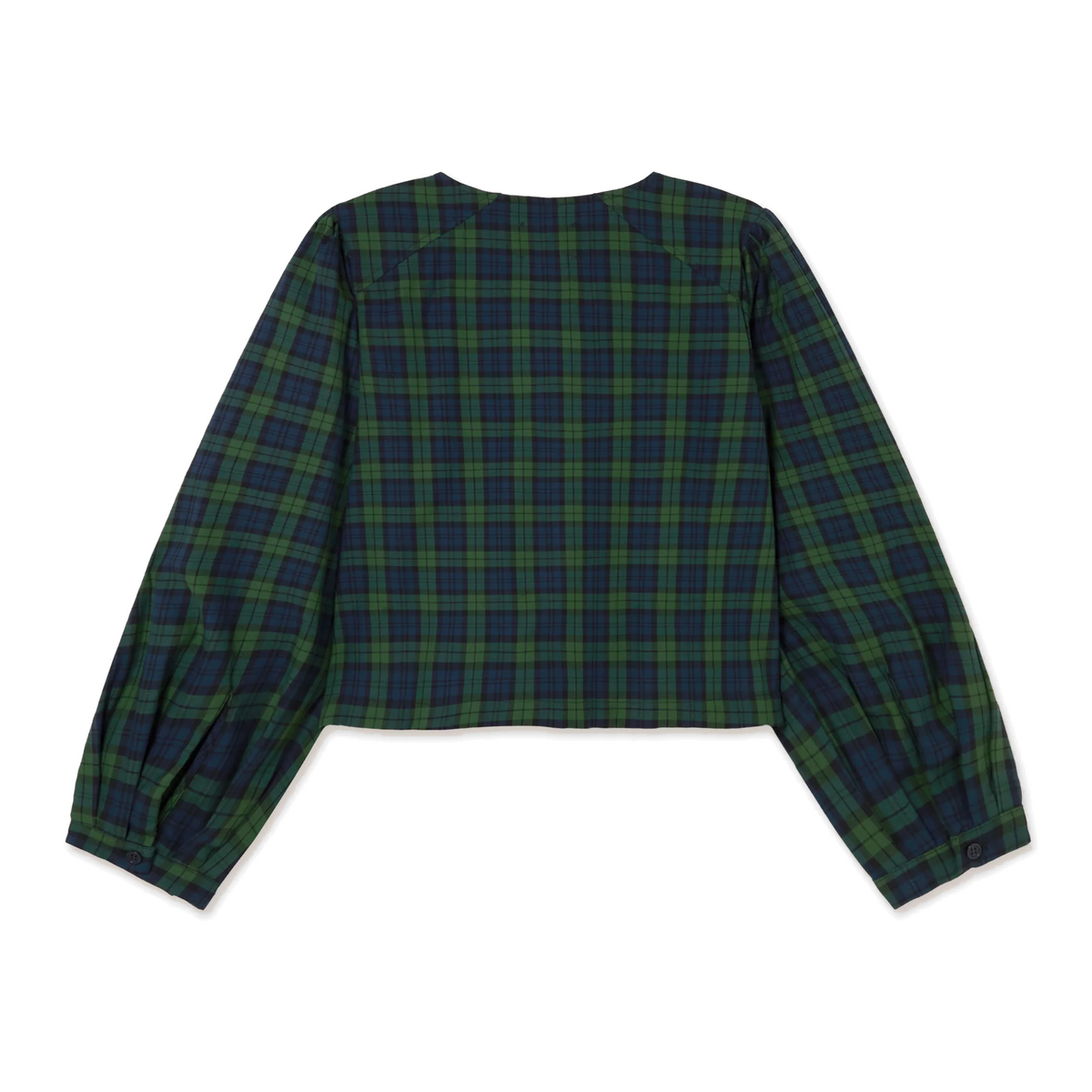 Back view of The Tiny Big Sister Green Check Bow Blouse laid flat on white, showing the gathered shoulders, cropped hem and buttoned cuffs.