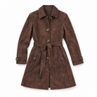 A dark brown suede trench coat with a matching waist tie belt, button front, and flap pockets, displayed on a clean white background.