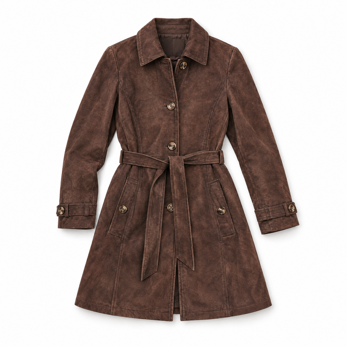 A dark brown suede trench coat with a matching waist tie belt, button front, and flap pockets, displayed on a clean white background.