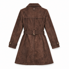 A brown suede trench coat with a matching waist belt and buttoned cuffs, shown from the back on a white background.