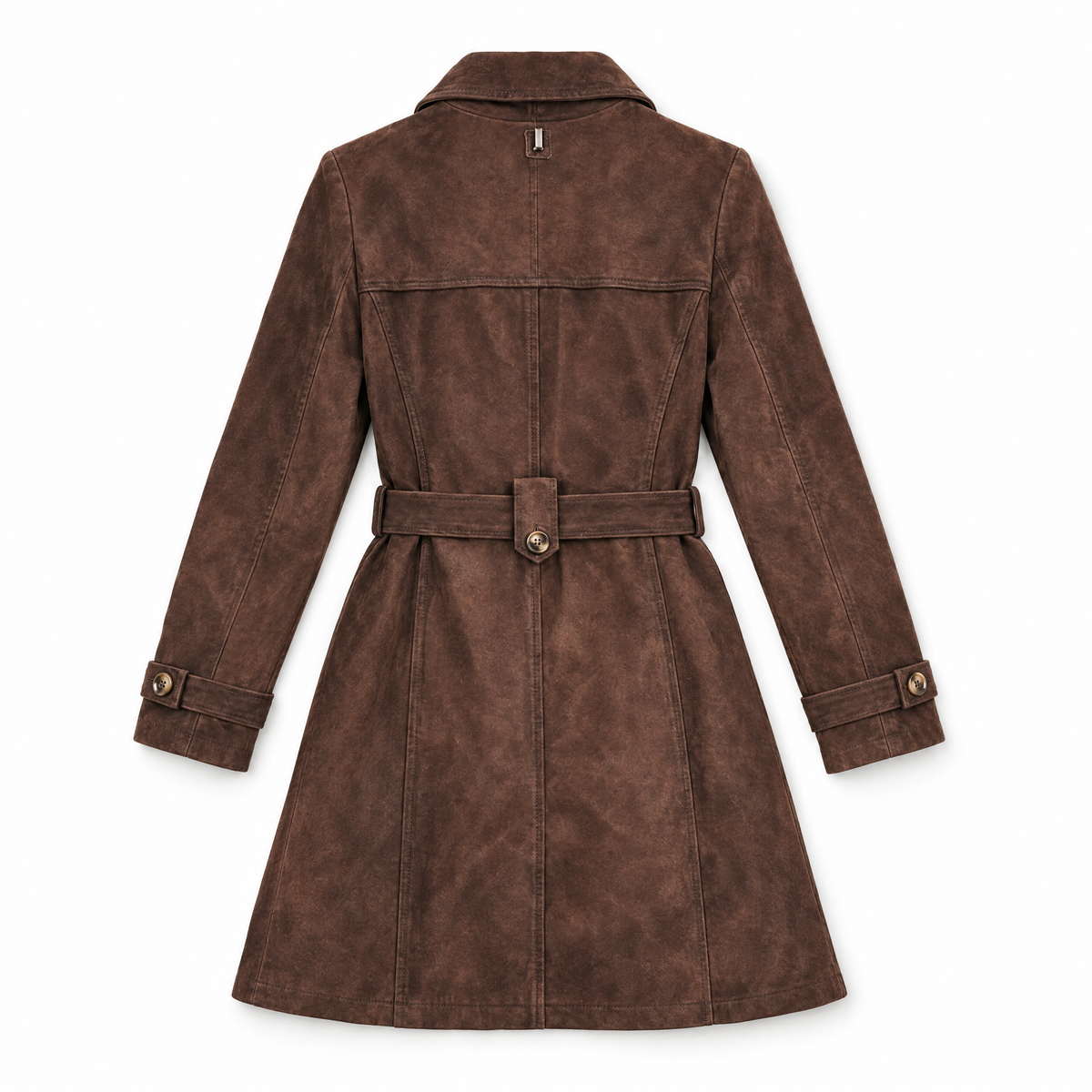 A brown suede trench coat with a matching waist belt and buttoned cuffs, shown from the back on a white background.
