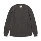 Front view of a charcoal Snow Peak Heavyweight Waffle Pullover laid flat on white, showing the waffle-knit texture, crewneck, ribbed cuffs and raw-edge rounded hem.
