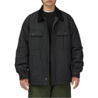 Waist-up view of a model wearing the black Snow Peak Hybrid Takibi Adjustable Jacket open, showing the corduroy collar, flap chest pockets and full-length front zip.