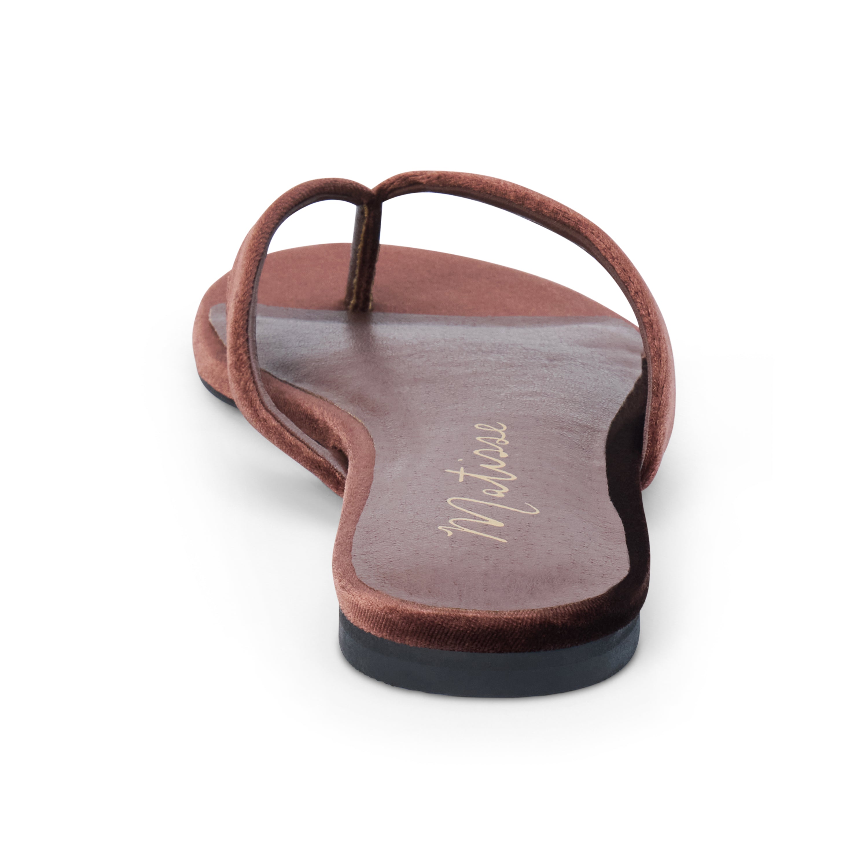 A single brown velvet thong sandal shown from a rear three-quarter view on a clean white background. The brand name 'Melissa' is printed in gold script on the insole.