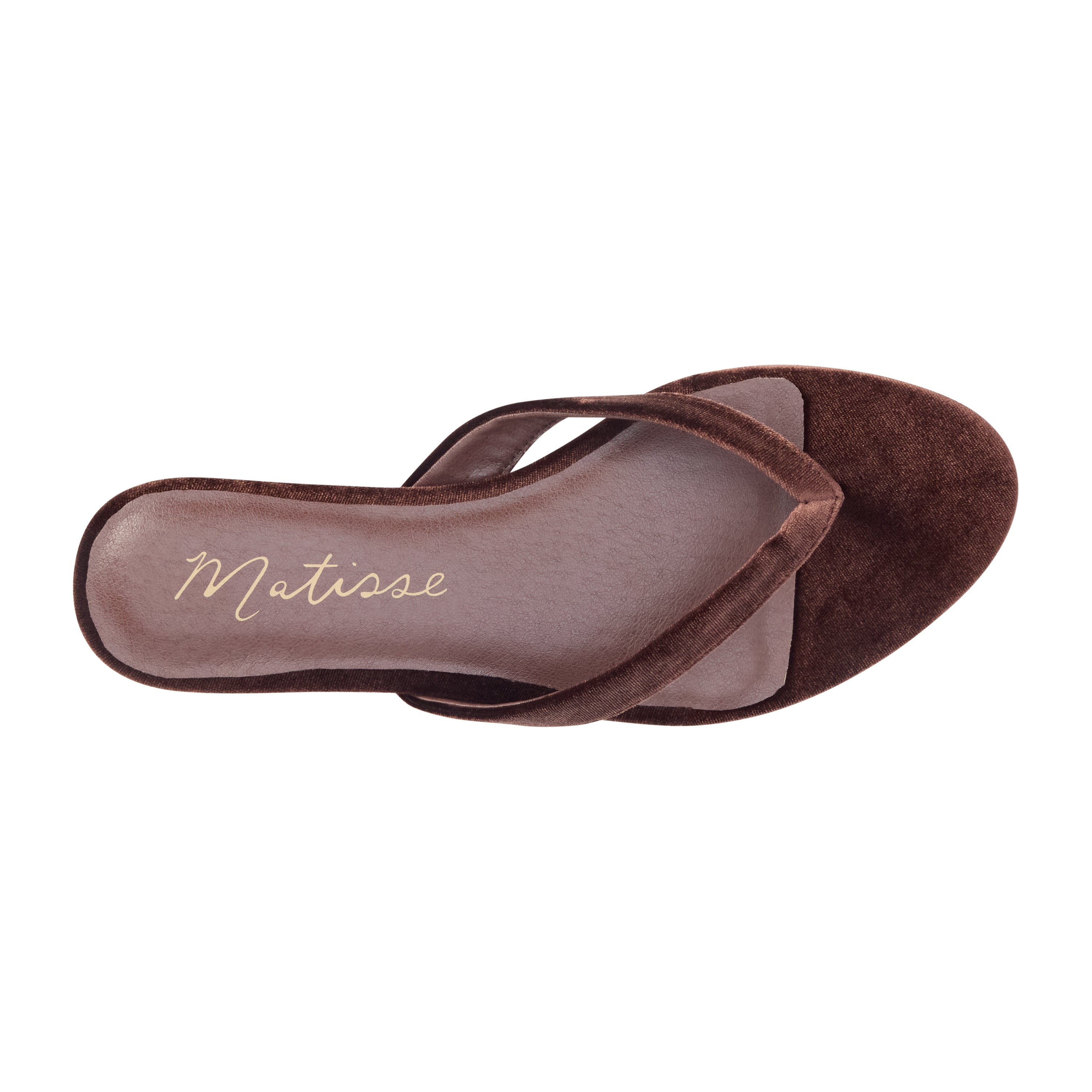 A single Matisse brand brown velvet thong sandal shown from a top-down view against a plain white background.