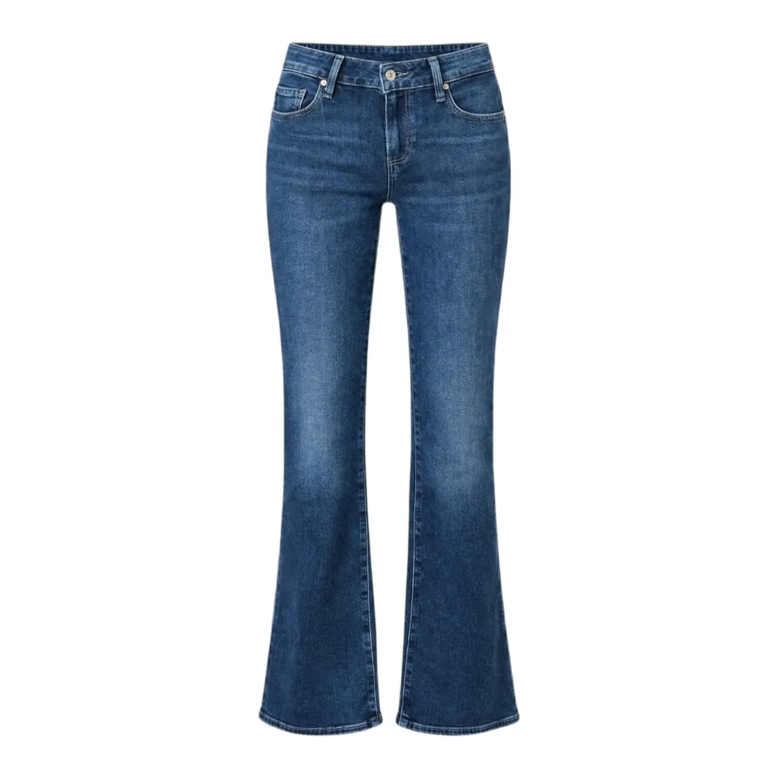Medium wash blue denim flare jeans shown flat against a solid white background.