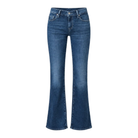Medium wash blue denim flare jeans shown flat against a solid white background.