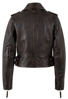 A dark brown distressed leather biker jacket shown from the back, featuring shoulder epaulets, side button details, and zippered sleeve cuffs, photographed against a solid white background.