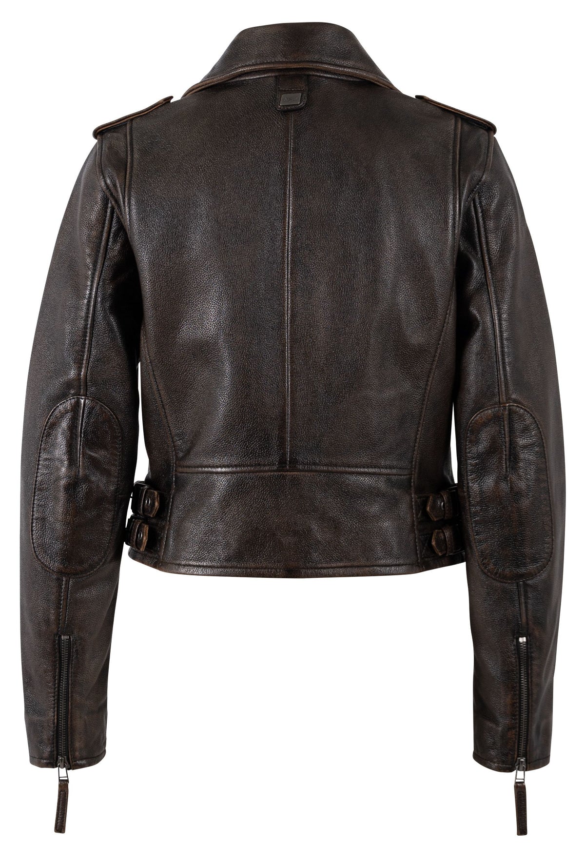 A dark brown distressed leather biker jacket shown from the back, featuring shoulder epaulets, side button details, and zippered sleeve cuffs, photographed against a solid white background.