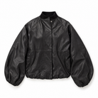A black leather bomber jacket with a snap-button front, ribbed collar, and voluminous balloon sleeves, shown flat on a white background.