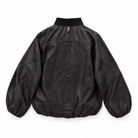 A black leather jacket shown from the back, featuring a high ribbed collar, a central vertical seam, and elasticized cuffs and hem, photographed against a plain white background.
