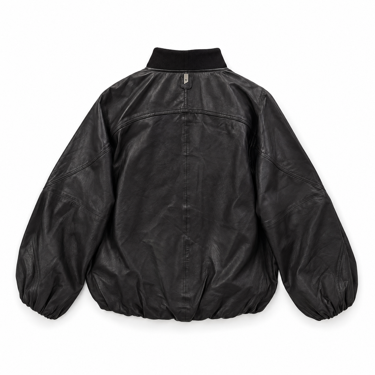A black leather jacket shown from the back, featuring a high ribbed collar, a central vertical seam, and elasticized cuffs and hem, photographed against a plain white background.