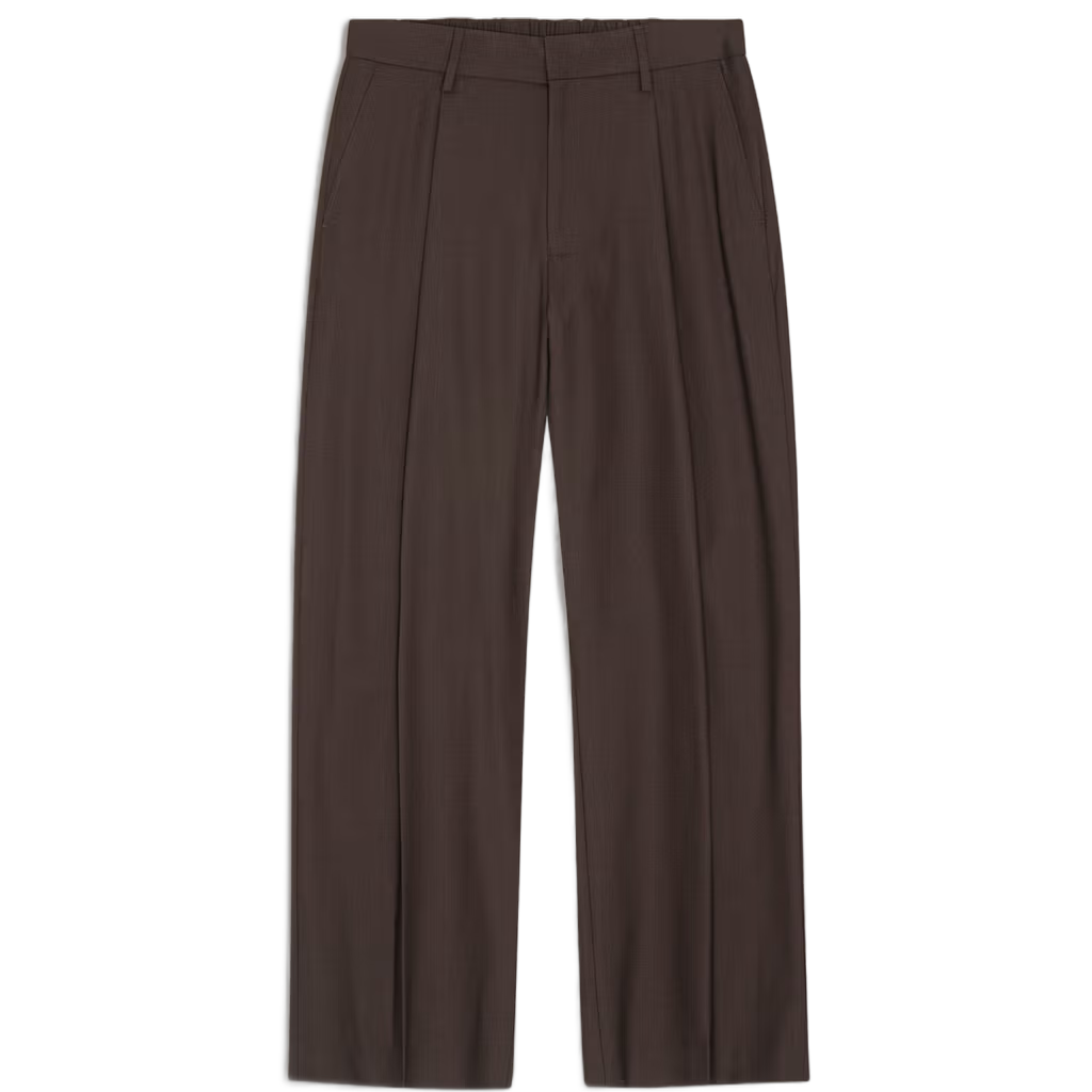 A pair of dark brown wide-leg trousers with front pleats, shown flat against a plain white background.