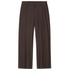 A pair of dark brown wide-leg trousers with front pleats, shown flat against a plain white background.